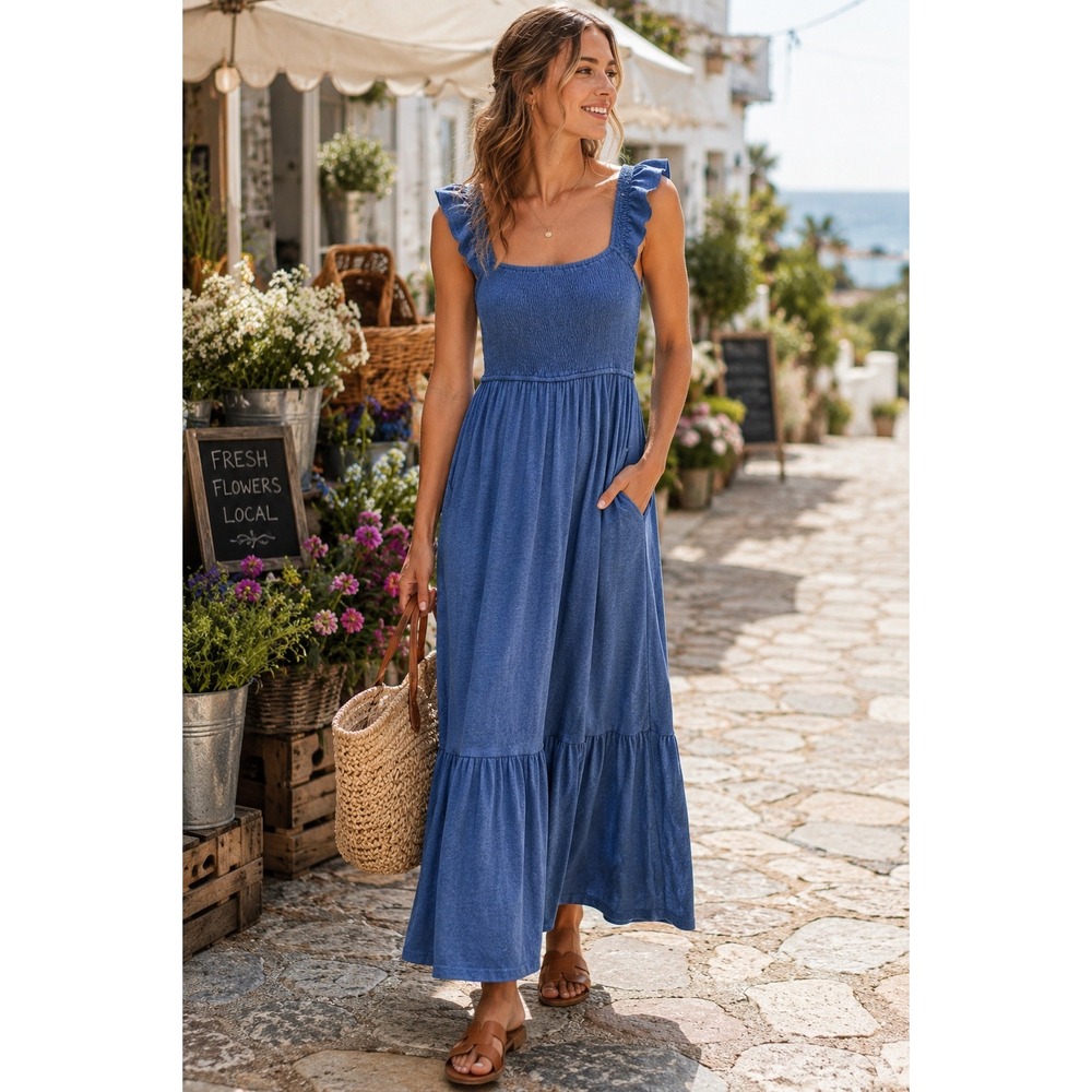 Anrabess Maxi Dress Large Blue Ruffle Sleeve Smocked Tiered Pockets Boho Beach